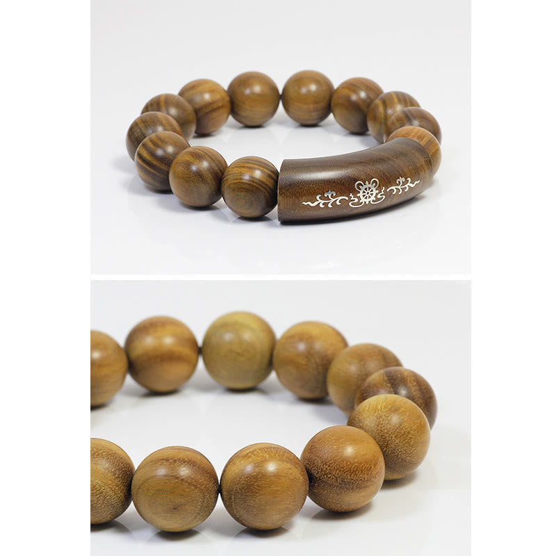 Bracelet de paix incrusté de Buddha Stones en argent sterling 999 et bois de santal vert Om Mani Padme Hum Dragon Phoenix Dharmachakra