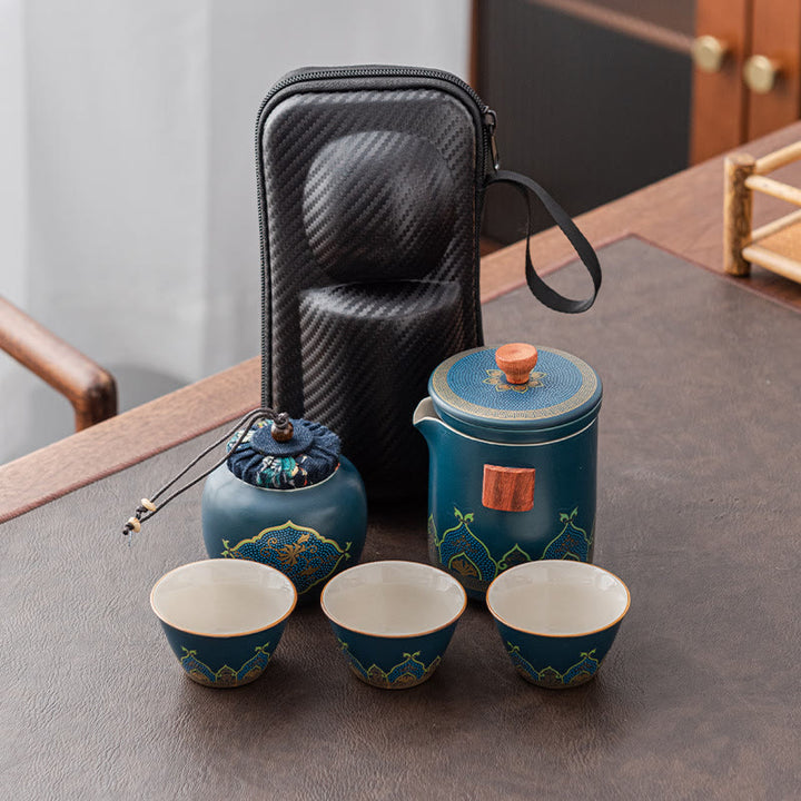 Théière chinoise Gongfu en céramique avec Buddha Stones - Cyan - 1 théière + 3 tasses + 1 petit sachet + 1 boîte à thé - image 10