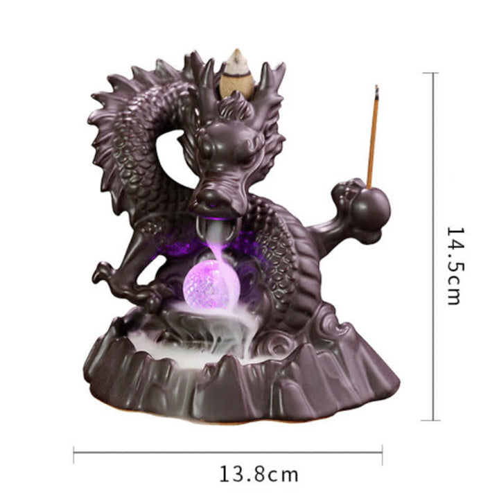 Fontaine à fumée à reflux en céramique avec Buddha Stones et dragon de bon augure, brûleur d'encens de guérison et de méditation, boule à LED décorative