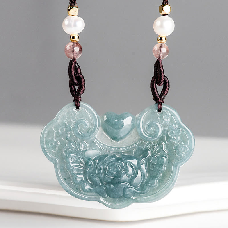 Collier pendentif fleur de pivoine en jade naturel de Buddha Stones Lock of Good Wishes Prosperity