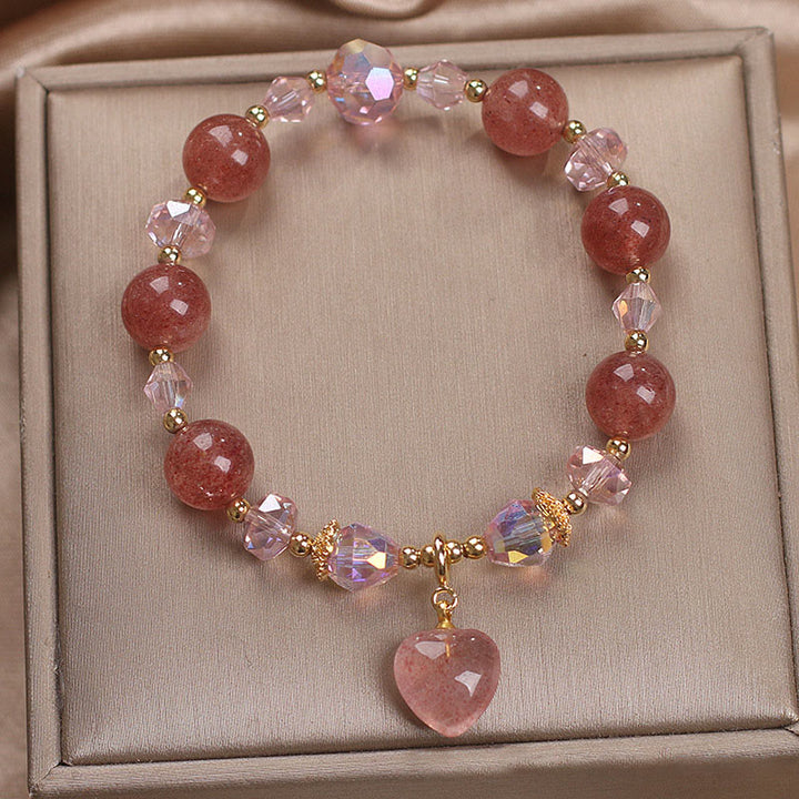 Bracelet de guérison positif en cristal de quartz fraise naturel Buddha Stones Love Heart