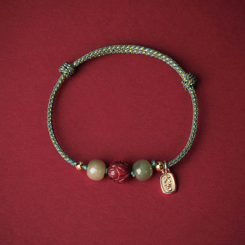 Bracelet en corde fait main en jade Hetian plaqué or 14 carats avec lotus porte-bonheur de Buddha Stones - Corde cyan (tour de poignet 13-18 cm) - image 11