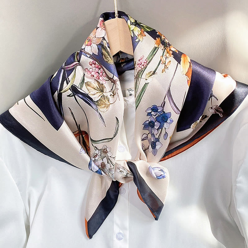 Foulard pour cheveux en soie de mûrier 100 % Buddha Stones et scène pastorale en montgolfière