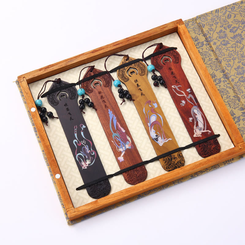 Lot de 4 marque-pages en bois avec Buddha Stones , orchidée, prunier, bambou, chrysanthème, masque d'opéra de Pékin, avec boîte cadeau