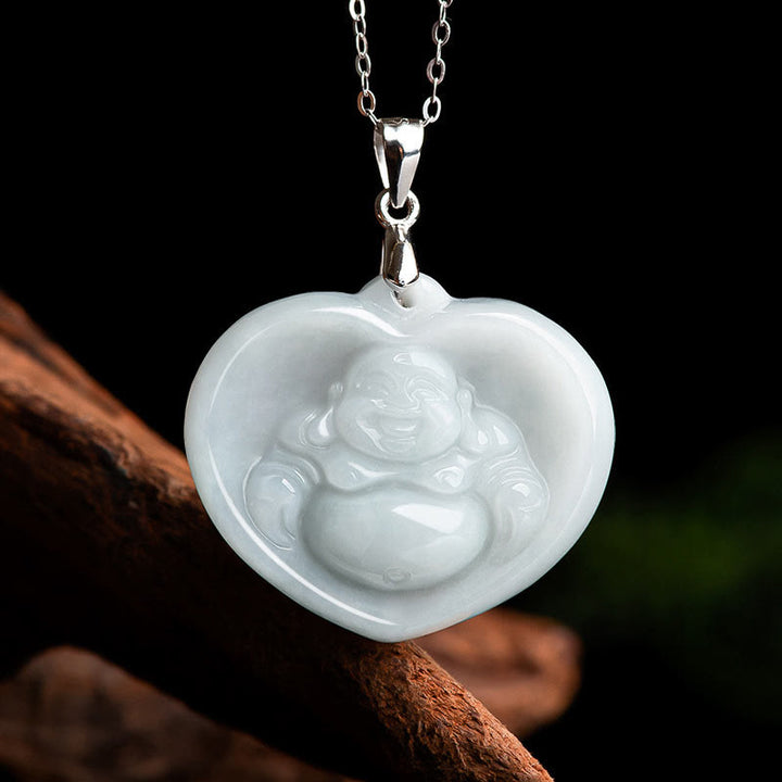 Buddha Stones pendentif porte-bonheur en jade blanc Bouddha rieur en argent sterling 925 - Jade blanc (Protection ♥ Bonheur) - image 1
