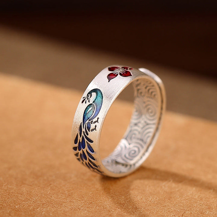 Buddha Stones bonheur en argent sterling 999 avec paon et nuages de bon augure gravés de fleurs de lotus