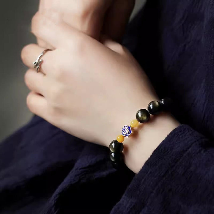 Bracelet de protection de richesse en obsidienne et ambre en argent sterling 925 avec Buddha Stones et zodiaque chinois
