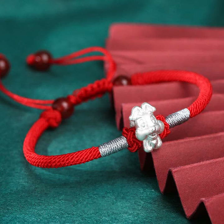 Bracelet en argent sterling 999 avec Buddha Stones et signe du zodiaque chinois, cordon rouge, force et chance