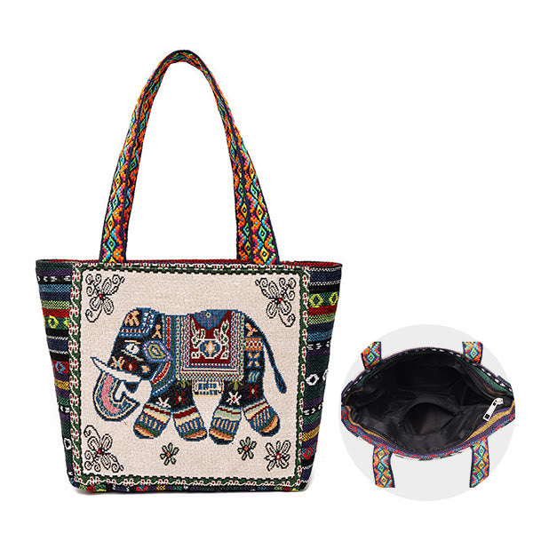 Sac fourre-tout en toile brodé de grande capacité avec Buddha Stones, éléphant et papillon