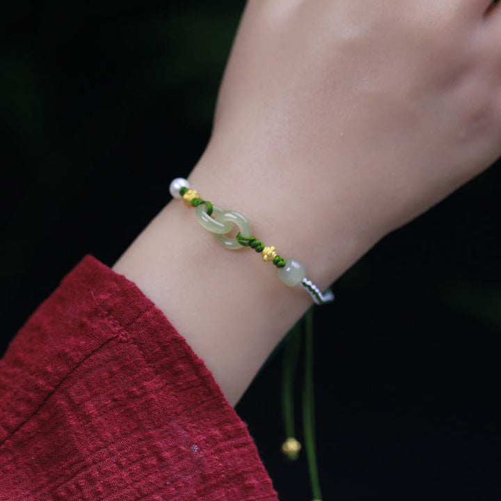 Bracelet tressé porte-bonheur en argent sterling 925 avec double boucle de paix et jade Hetian de Buddha Stones