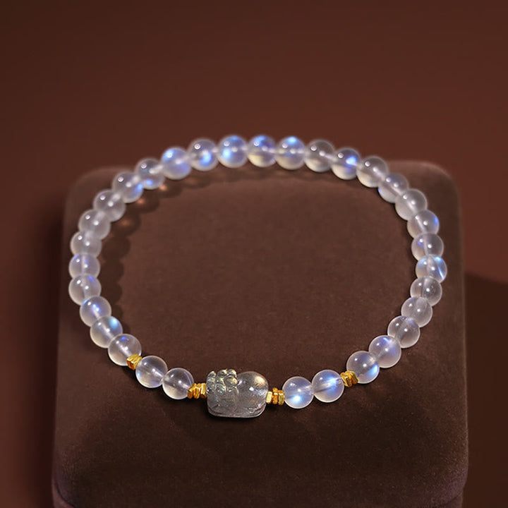 Bracelet de guérison PiXiu en pierre de lune naturelle en argent sterling 925 plaqué or avec Buddha Stones