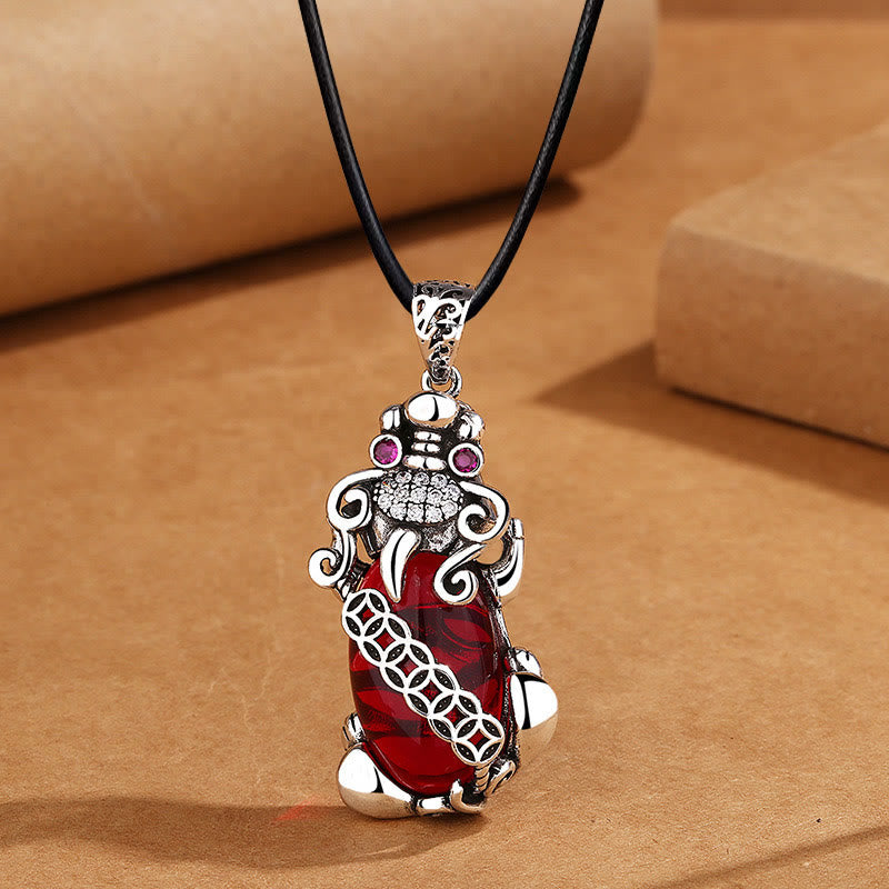 Collier pendentif en cuivre avec Buddha Stones PiXiu Grenat et pièce de monnaie en cuivre - PiXiu et corde en cuir - image 6