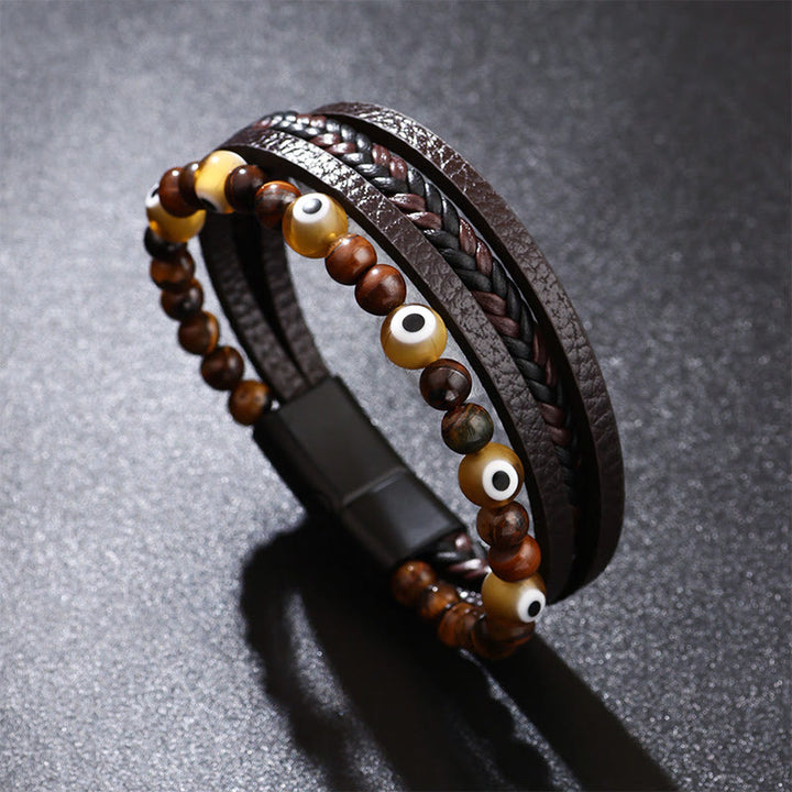 Bracelet tressé multicouches en perles de protection contre le mauvais œil et l'œil de tigre avec Buddha Stones