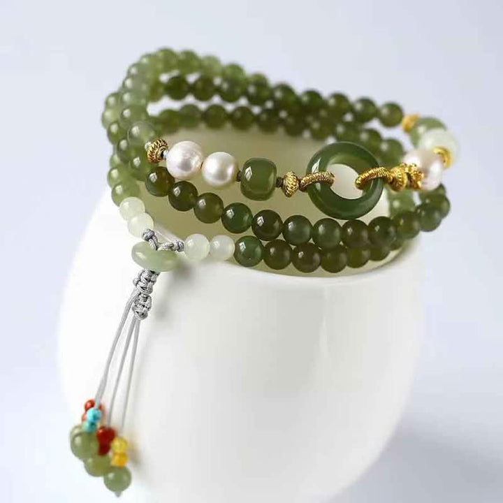 Bracelet en perles de jade Hetian et Buddha Stones avec boucle de paix, porte-bonheur et richesse
