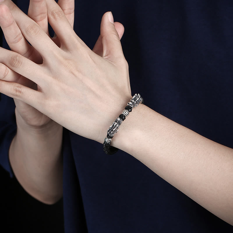 Bracelet tressé fait main en argent sterling 999 avec double dragon porte-bonheur de Buddha Stones