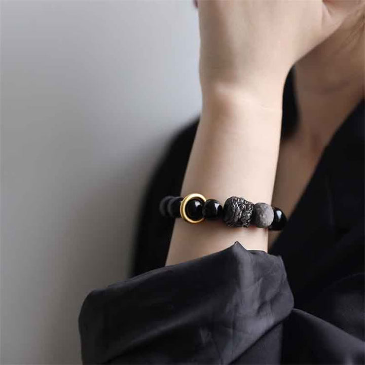 Bracelet Force du Lion en Obsidienne Noire et Argent
