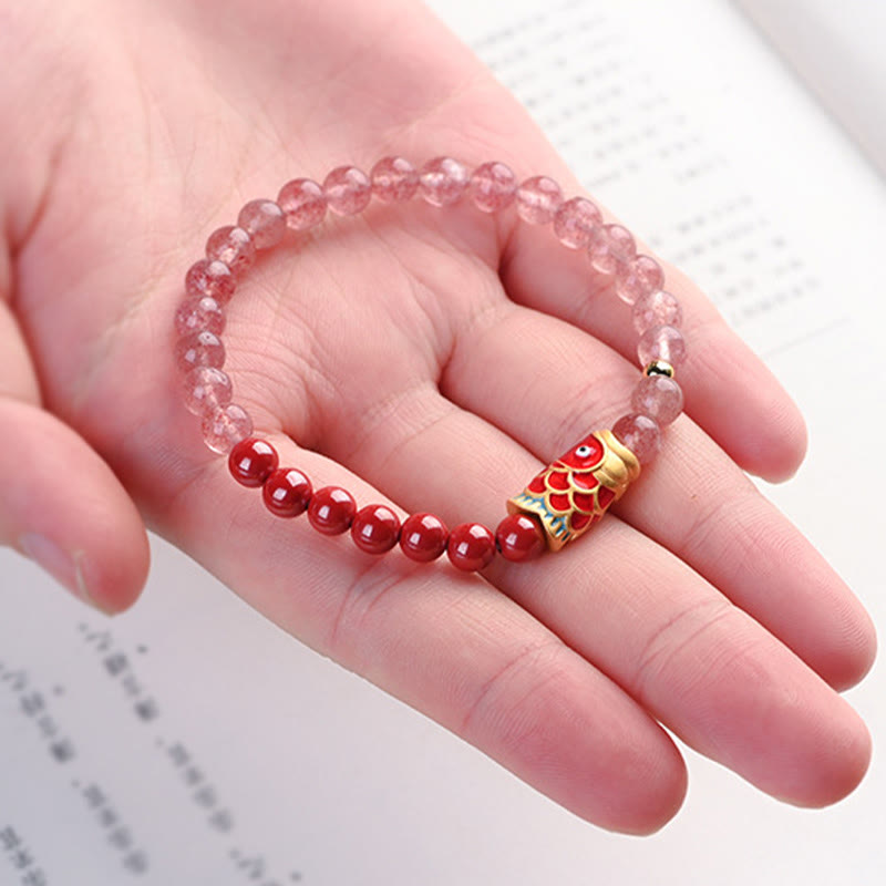 Bracelet de guérison porte-bonheur en quartz fraise et cinabre en Buddha Stones