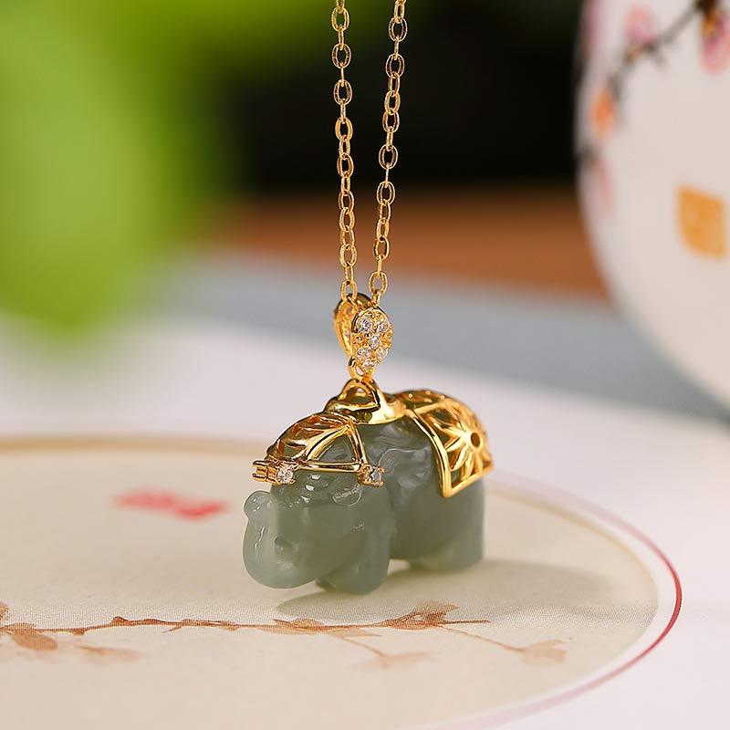 Buddha Stones Argent Sterling 925 Jade Eléphant Bénédiction Fortune Collier Chaîne Pendentif - Jade - image 0