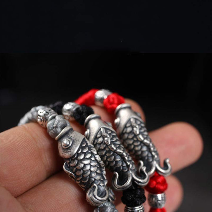 Bracelet tressé en argent avec motif poisson Koi et Buddha Stones