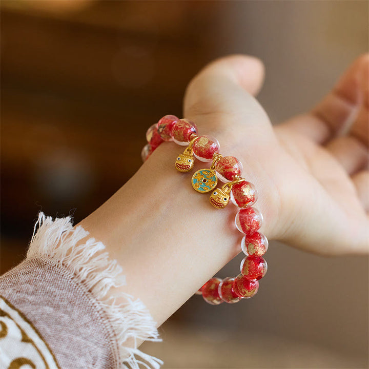 Bracelet porte-bonheur en perles de verre Liuli Buddha Stones et bête avaleuse d'or et pièce de cuivre