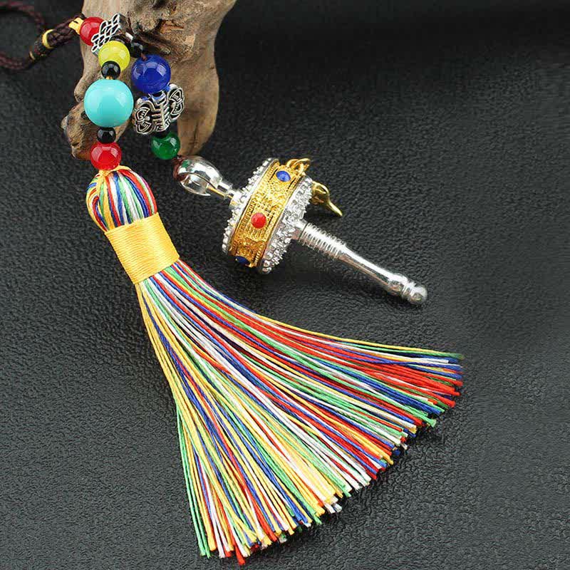 Roue de prière tibétaine Om Mani Padme Hum avec pompon pour sac, décoration suspendue pour voiture