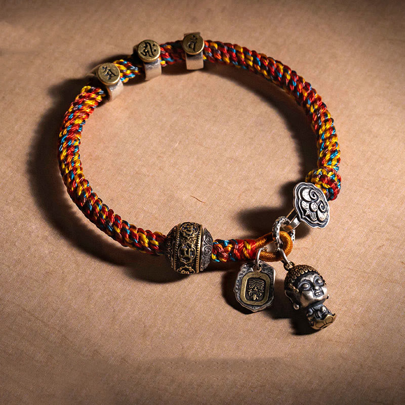 Bracelet tressé en corde multicolore avec Buddha Stones en argent sterling 925 tibétain fait à la main, signe du zodiaque chinois, Bouddha natal Zakiram, déesse de la protection de la richesse - image 0