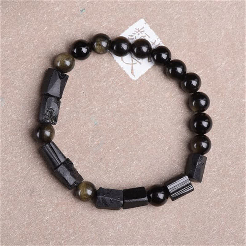 Bracelet de richesse en obsidienne et tourmaline noire avec Buddha Stones