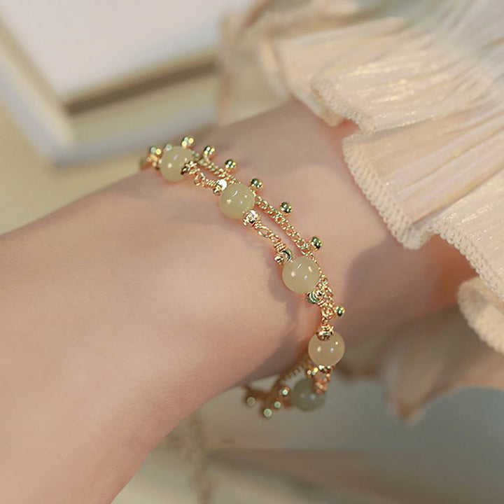 Bracelet de prospérité porte-bonheur en perles de jade Hetian plaqué or 14 carats à 2 couches
