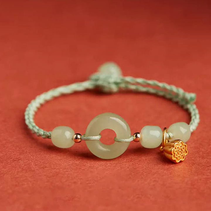 Bracelet en corde avec boucle ronde en Buddha Stones et lotus de jade pour la paix, le bonheur, l'abondance et la richesse