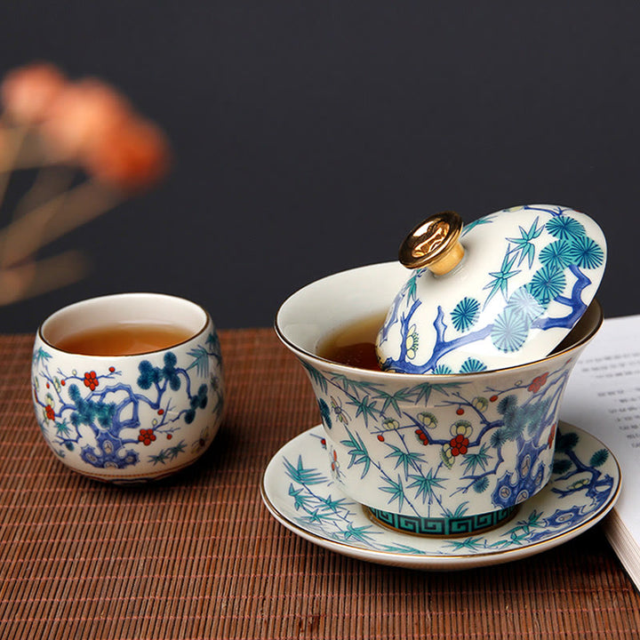 Buddha Stones Rétro Fleur de Prunier Pin Bambou Phénix Kirin Céramique Gaiwan Sancai Tasse à Thé Kung Fu Tasse à Thé et Soucoupe avec Couvercle