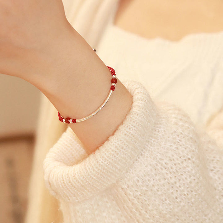 Bracelet tressé en argent sterling 925 avec perles d'agate blanche et d'agate rouge en bambou et pierres de Buddha Stones