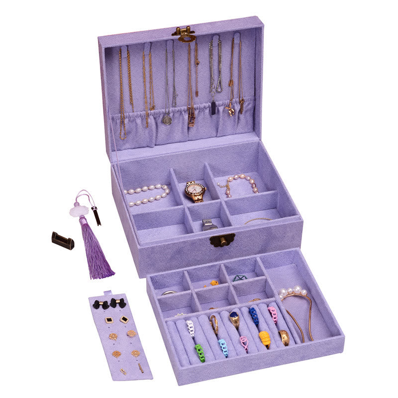 Boîte à bijoux de conception simple Buddha Stones Organisateur Boîte de rangement de bijoux à deux couches Boîte en flanelle avec serrure - Violet 23*19*6,5 cm - image 22