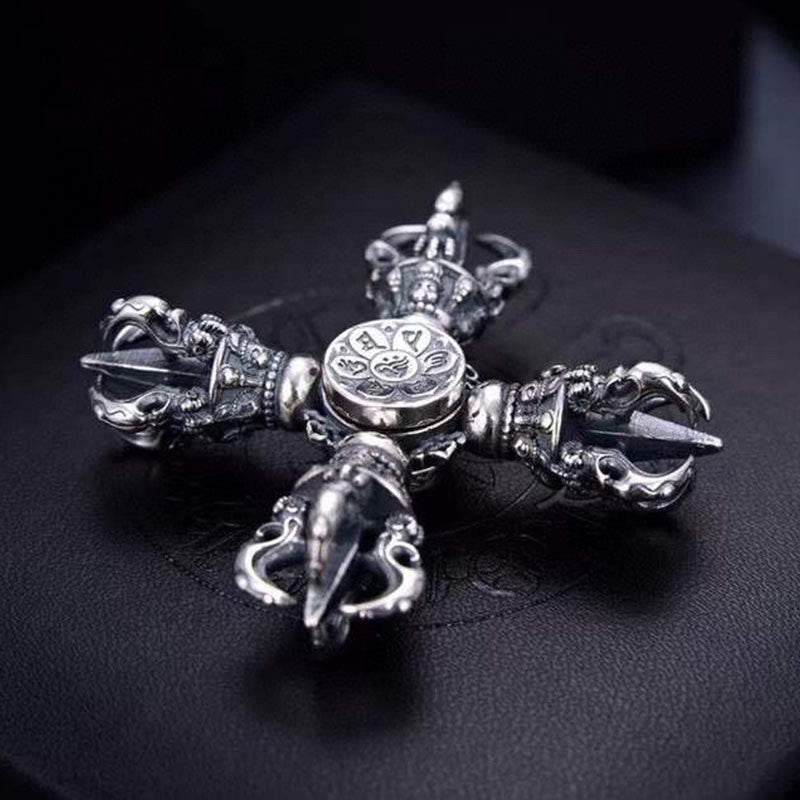 Pendentif de puissance spirituelle gravé double Dorje Vajra en argent sterling 925 tibétain Buddha Stones