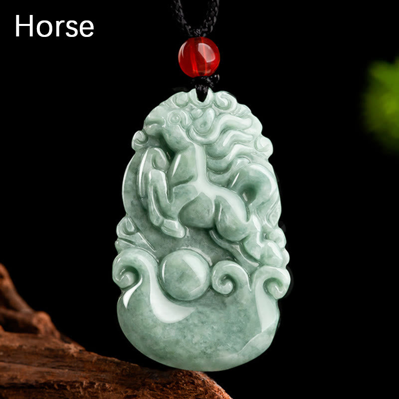 Collier pendentif en jade vert naturel avec Buddha Stones et 12 signes du zodiaque chinois