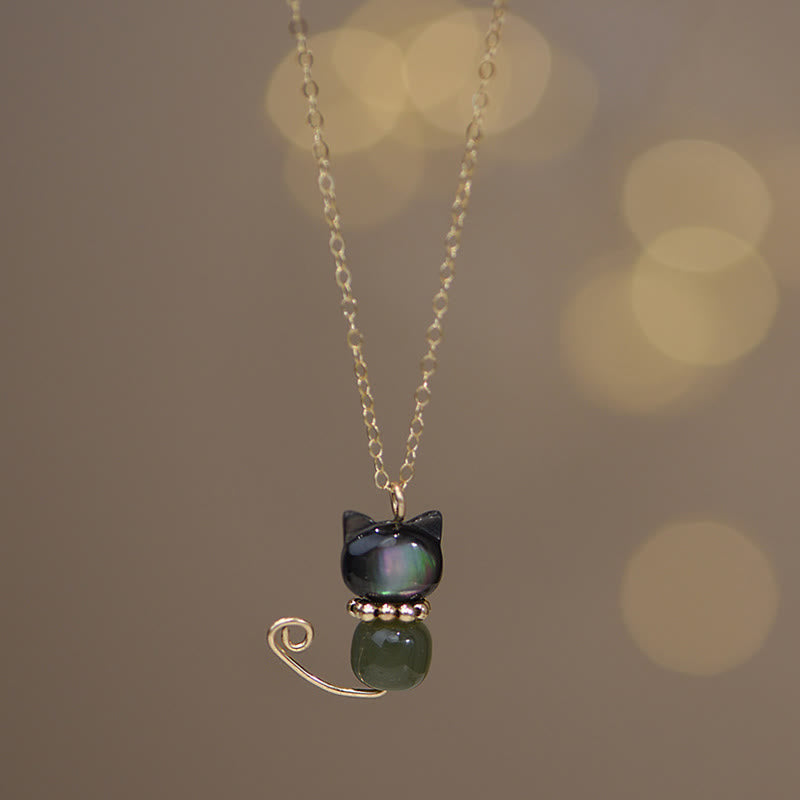 Collier avec pendentif en forme de chat porte-bonheur en jade Hetian plaqué or 14 carats avec Buddha Stones - Plaqué or 14 carats normal - Coquillage et jade cyan - image 8