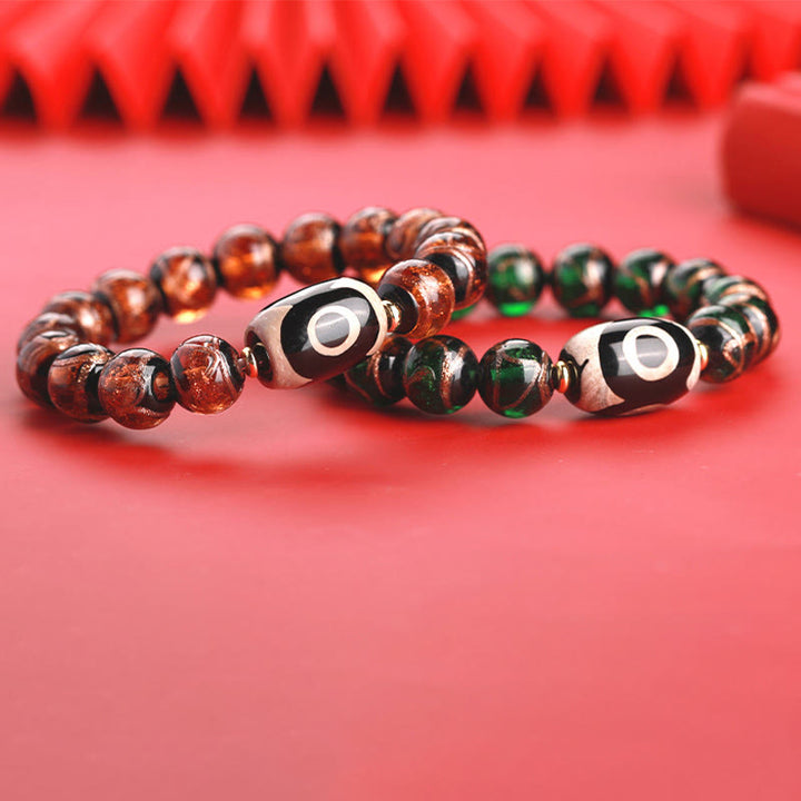 Buddha Stones Perle Dzi tibétaine à neuf yeux Perle Dzi à trois yeux Bracelet de richesse en perles de verre Liuli