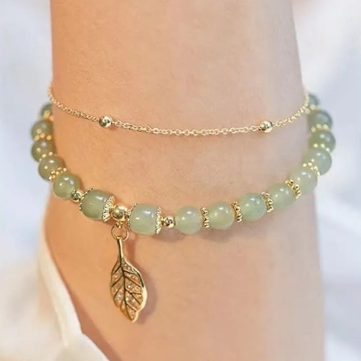 Bracelet de perles porte-bonheur en Buddha Stones, feuille de jade, ginkgo, tulipe, arachide, personnage Fu