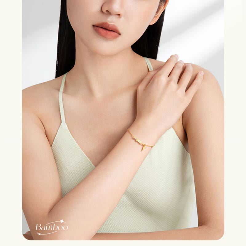 Bracelet porte - bonheur en argent sterling 925 plaqué or 18 carats avec jade blanc et bambou et zircon