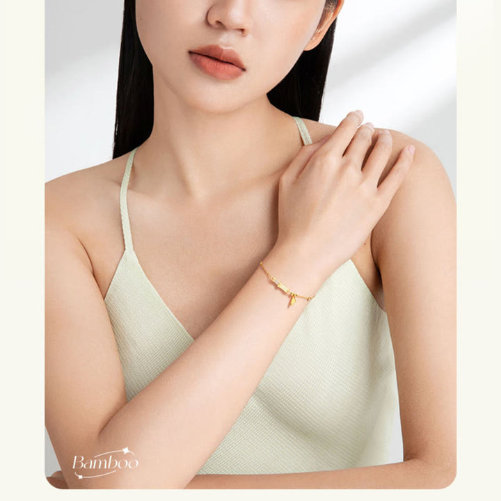 Bracelet porte - bonheur en argent sterling 925 plaqué or 18 carats avec jade blanc et bambou et zircon