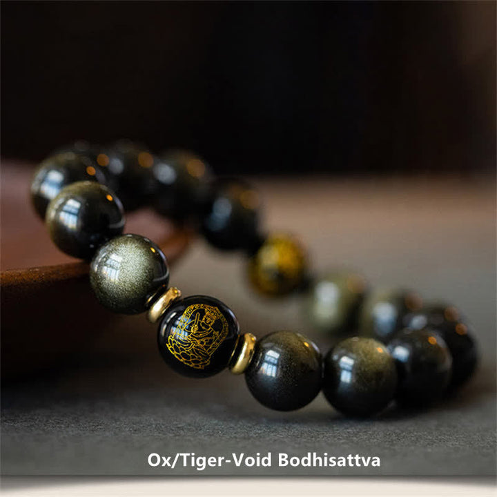 Bracelet de protection de richesse en obsidienne dorée avec Bouddha du zodiaque chinois