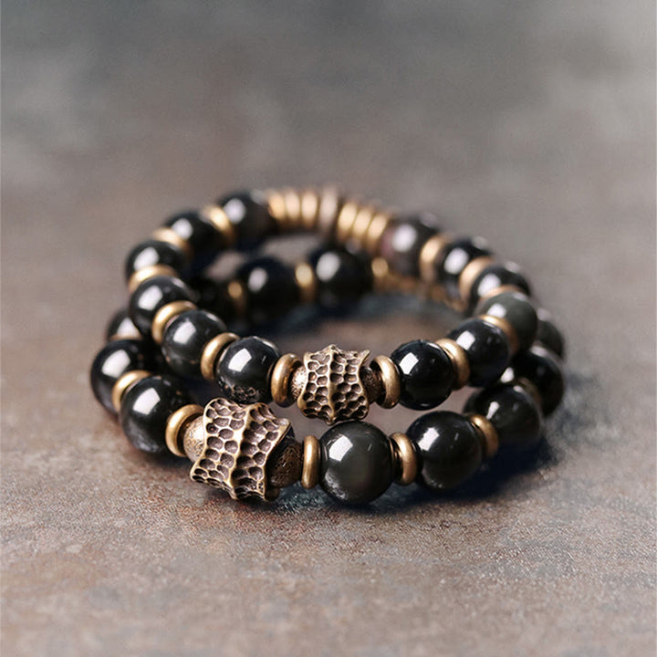 Bracelet de guérison d'amour en cuivre et obsidienne arc-en-ciel avec Buddha Stones
