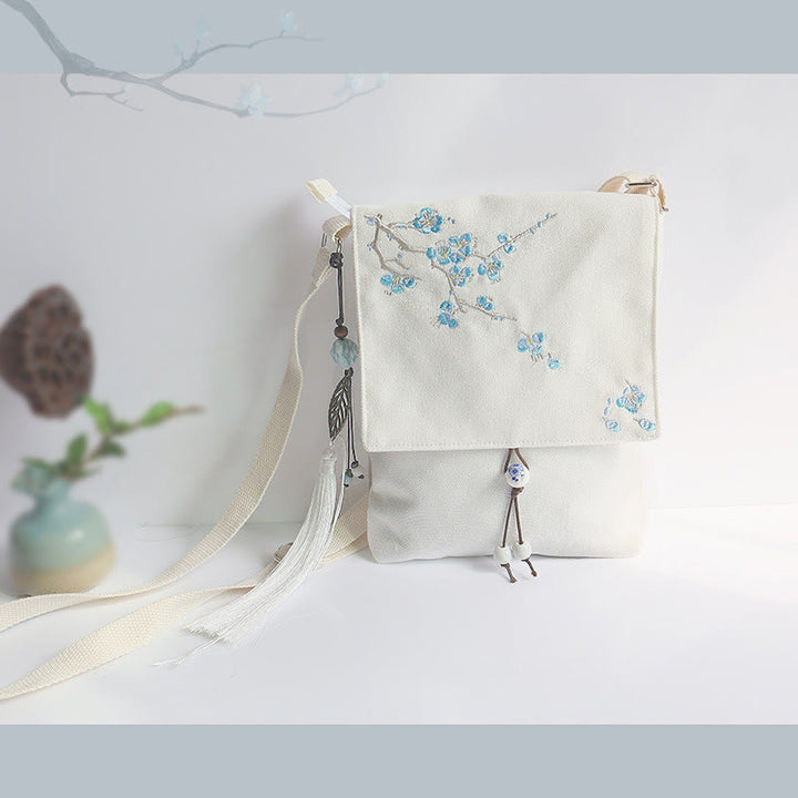 Sac à bandoulière en toile brodé à la main avec des Buddha Stones et des fleurs de prunier