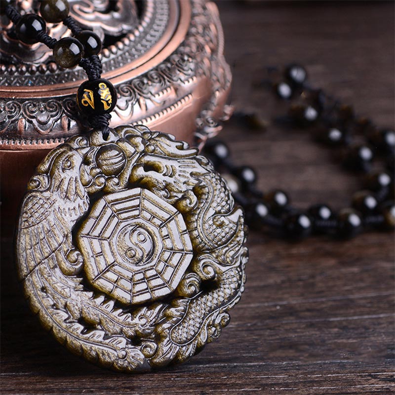 Collier avec pendentif en obsidienne dorée et Buddha Stones