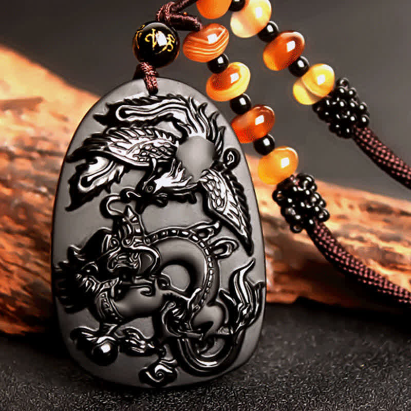 Collier avec pendentif en perles de protection en obsidienne noire œil de tigre dragon phénix - image 3