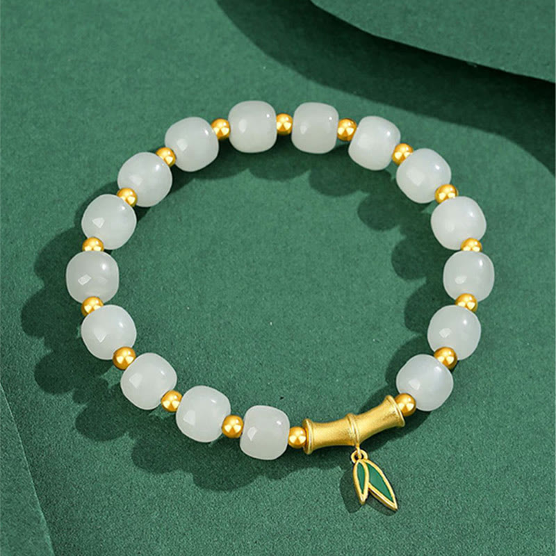 Bracelet porte-bonheur en argent sterling 925 et jade blanc Hetian en bambou Buddha Stones