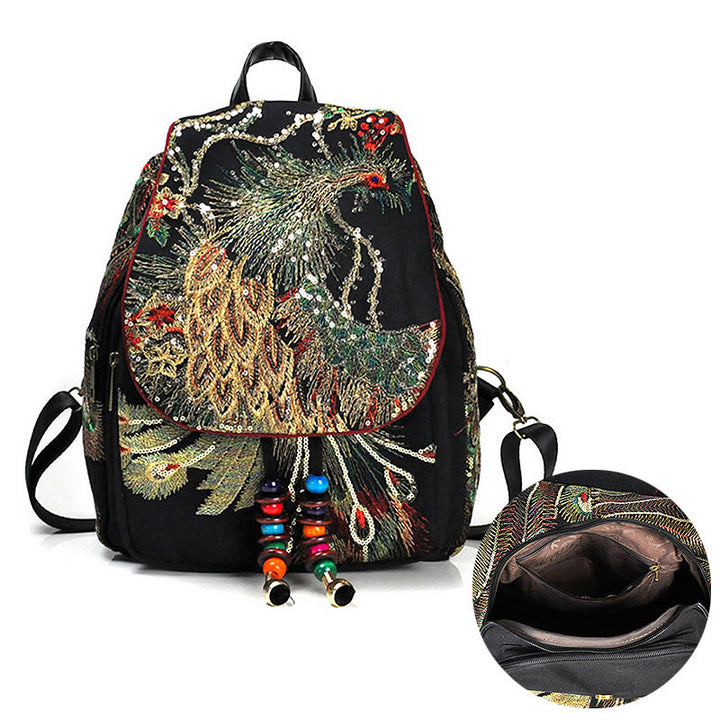 Sac à dos à pompons en toile avec broderies de paon et Buddha Stones