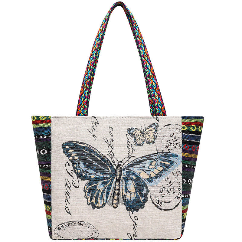 Sac fourre-tout en toile brodé de grande capacité avec Buddha Stones, éléphant et papillon