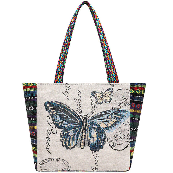 Sac fourre-tout en toile brodé de grande capacité avec Buddha Stones, éléphant et papillon