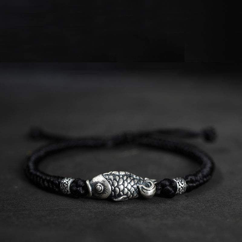 Bracelet tressé en argent avec motif poisson Koi et Buddha Stones