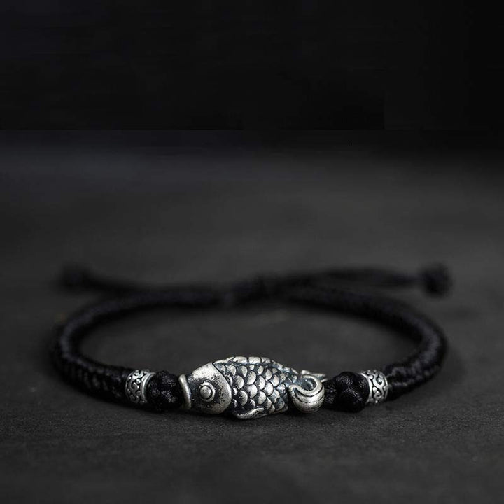 Bracelet tressé en argent avec motif poisson Koi et Buddha Stones
